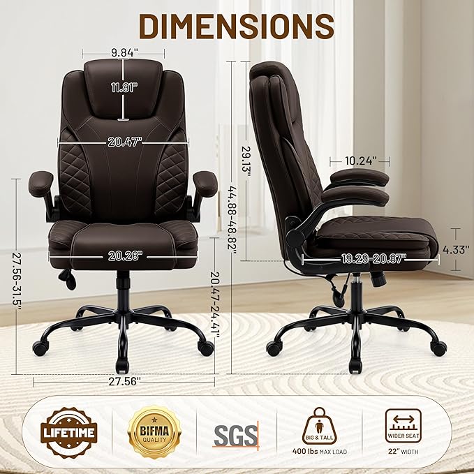 Ergonomic Office Chair, PU Leather High Back Executive Chair with Adjustable Inflatable Lumbar Support and Padded Flip-Up Arms, Recline Swivel Task Computer Chair for Home Office, Dark Brown