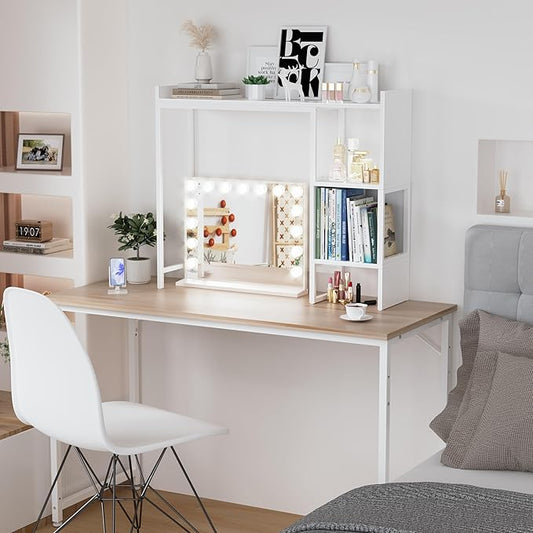 White 37" Desk Hutch for Table Top, Dorm Desk Bookshelf with Side Baffles, Desktop Organizer Shelf for Office & College, Monitor Riser Stand