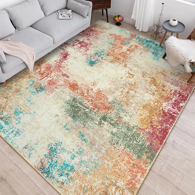 Lahome Abstract 6x9 Area Rugs for Living Room, Machine Washable Ultra Thin Bedroom Rug Stain Resistant, Low-Pile Soft Indoor Modern Colorful Large Throw Carpet for Office Dining Room