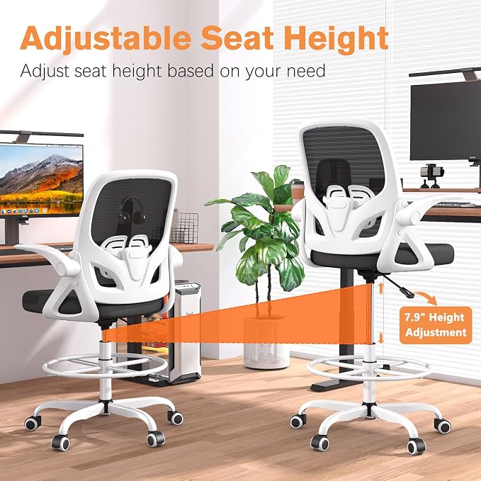 ORRSAKER Drafting Chair, Tall Office Chair with Flip-up Arms, Mesh Ergonomic Computer Standing Desk Chair with Adjustable Height Foot Ring and Lumbar Support, 300 LBS Capacity, White