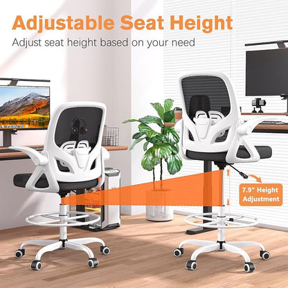 ORRSAKER Drafting Chair, Tall Office Chair with Flip-up Arms, Mesh Ergonomic Computer Standing Desk Chair with Adjustable Height Foot Ring and Lumbar Support, 300 LBS Capacity, White