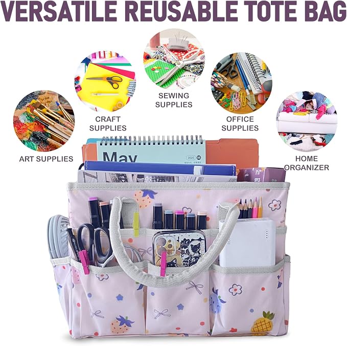 Cupohus Art Organizer Craft Storage Tote Bag with Pockets and Handles, Oxford Fabric Carrying Caddy for Teacher, Officer, Artist, Traveler, and More-Pink Fruit