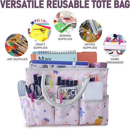 Cupohus Art Organizer Craft Storage Tote Bag with Pockets and Handles, Oxford Fabric Carrying Caddy for Teacher, Officer, Artist, Traveler, and More-Pink Fruit