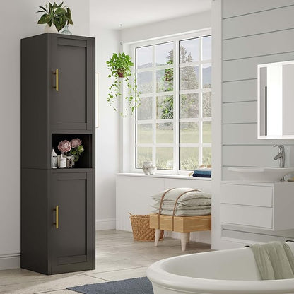 pozdeg 67" Tall Narrow Storage Cabinet Metal Bathroom Cabinet with 2 Doors & 4 Adjustable Shelves, Standing Pantry Cabinets Cupboard for Kitchen, Dining Room, Living Room and Bathroom (Black)