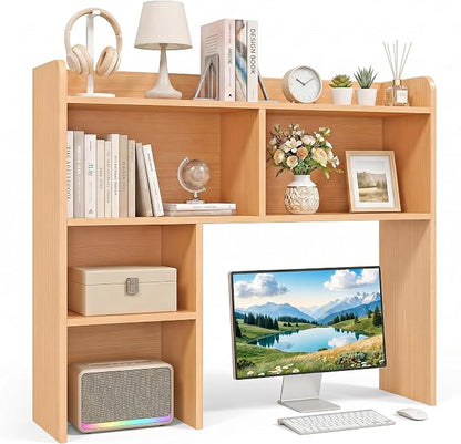 SUPER DEAL Desktop Bookshelf, Countertop Storage Hutch with 3 Shelves for Computer Desk, 2-Tier Display Rack, Multipurpose Wood Desk Hutch Storage Organizer for Home Office Dorm, Natural