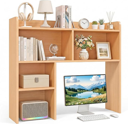 SUPER DEAL Desktop Bookshelf, Countertop Storage Hutch with 3 Shelves for Computer Desk, 2-Tier Display Rack, Multipurpose Wood Desk Hutch Storage Organizer for Home Office Dorm, Natural