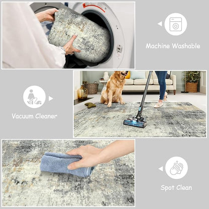 Lahome Modern Abstract Round Rug - 4Ft Grey Small Bathroom Rug Indoor 4x4 Circle Rugs Washable Kitchen Mat, Non Slip Contemporary Bedroom Carpet for Living Dining Room Office Nursery