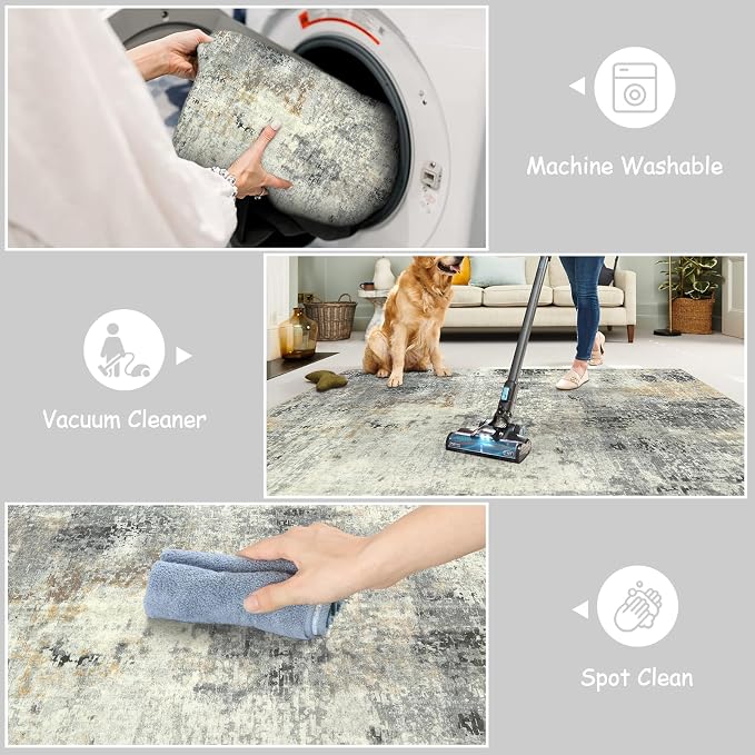 Lahome Modern Abstract Round Rug - 3Ft Small Washable Kitchen Round Area Rug Bedroom 3x3 Circle Mat, Soft Low Pile Non Slip Indoor Throw Carpet for Cabinet Bathroom Home Office, Grey