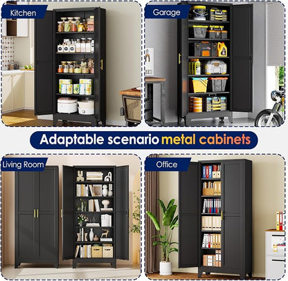 erosoei 75" H Metal Garage Storage Cabinet, Black Metal Pantry Cabinet with 2 Doors, Locker Steel Cabinet with 5 Adjustable Shelves, Freestanding Cupboard for Garage,Office,Home,Gym,School