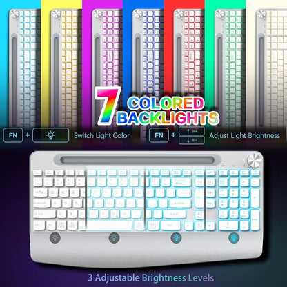 JOYACCESS Ergonomic Wireless Keyboard with Phone Holder,Rechargeable Backlt Wireless Keyboard Mouse Combo with Light Up Keys for for Laptop, PC, Mac, Windows-Silver White
