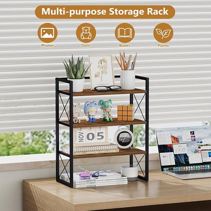 YINMIT Desk Shelf Organizer for Top of Desk with 3-Tier Open Shelves | Wood Desktop Shelf, Tabletop Shelf Storage Rack and Freestanding Display Shelf for Home Office Kitchen Dorm