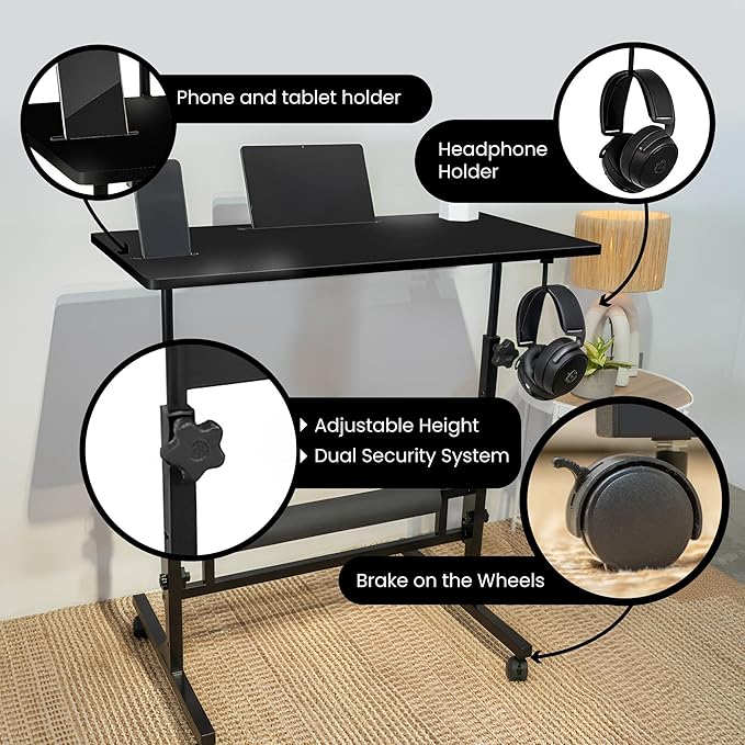 Small Rolling Desk with Wheels, Adjustable Height 27"-43.3" Portable Standing Desk, 31.5"x15.7" Tabletop, Mobile Laptop Computer Table for Home Office Workstation, Black
