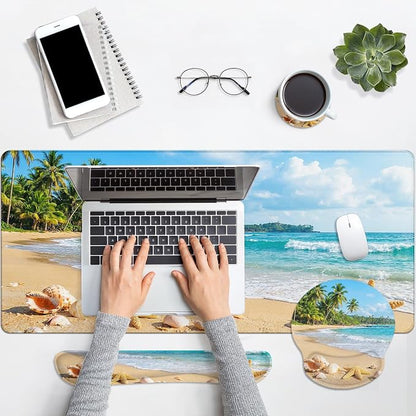 Britimes Beach Tropical Coastal Keyboard Mouse Pad Set Ocean Seashell 4in1 Large Mousepad+Keyboard Wrist Rest+Mouse Wrist Rest+Coaster Ergonomic Design for Home Office Computer 35.4x15.7 inches