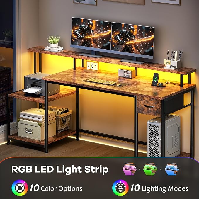 Computer Desk with 55" Long Monitor Stand and 18" Ample Printer Space, Home Office Desk With RGB Lights and 3 AC Power Outlets, Zoned Storage Drawer and File Shelves, Study Desk, Writing Desk, Brown