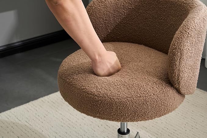 VINGLI Cute Small Swivel Desk Chair Comfy no Wheels,Ergonomic Low-Back Lumbar Support Vanity Nail Tech Computer Task Stool Chair for Home Office,Height Adjustable,Teddy Fleece,Brown
