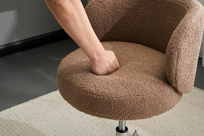 VINGLI Cute Small Swivel Desk Chair Comfy no Wheels,Ergonomic Low-Back Lumbar Support Vanity Nail Tech Computer Task Stool Chair for Home Office,Height Adjustable,Teddy Fleece,Brown