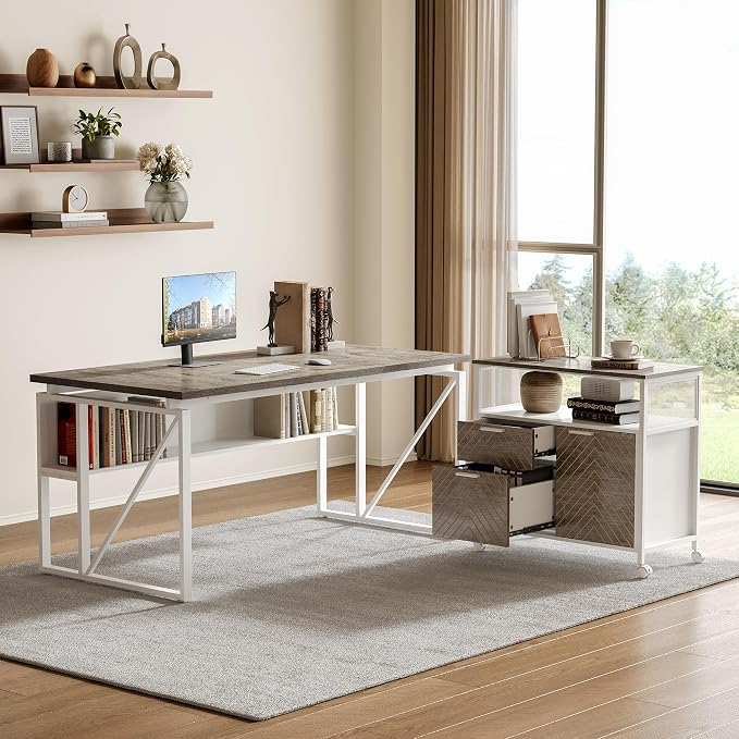 LITTLE TREE 63-Inch Office Desk with 31.5-Inch Lateral File Cabinet, Study Writing Desk Computer Desk for Home Office