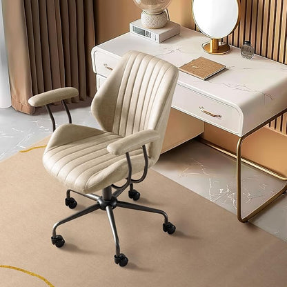 Mid Century Modren Office Chair - Fuax Leather Suede Brown Executive Chairs Ergonomic Mid Back with Lumbar Support, Swivel Computer Desk Task Chair with Wheels for Home Office (Beige, Mid Back)