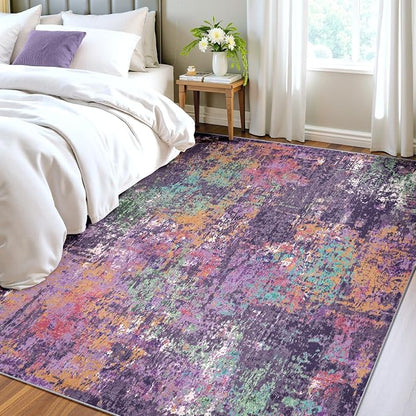 RELEANY Washable Area Rugs 4'x6' Non-Slip Modern Abstract Soft for Living Room Entryway Bedroom Kitchen, Print Pattern, Purple Orange Blue Green Rust Red Colorful