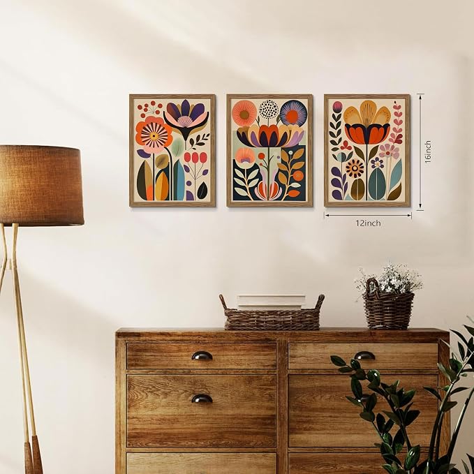 Framed Colorful Floral Wall Art Set of 3, Abstract Scandinavian Flower Canvas Wall Decor Paintings, Mid Century Modern Botanical Artwork Pictures Prints for Living Room Bedroom Dining Room 12x16 Inch