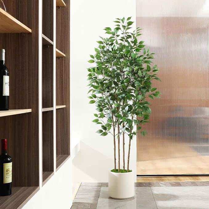 SOGUYI Ficus Artificial Tree 6ft Fake Silk Plant for Home Decor Indoor, Faux Floor Tree in White Imitation Ceramic Planter with Green Fake Moss for Home Office Corner Indoor Decor, Set of 1