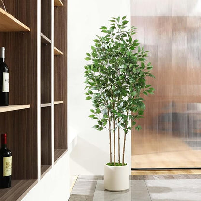 SOGUYI Ficus Artificial Tree 6ft Fake Silk Plant for Home Decor Indoor, Faux Floor Tree in White Imitation Ceramic Planter with Green Fake Moss for Home Office Corner Indoor Decor, Set of 1