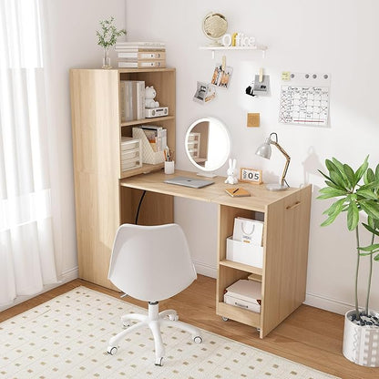 Montary Expandable and Foldable Desk, Mobile Office Desk with Storage Shelves & Wheels, Compact Computer Desk for Small Space, Reversible L Shaped Desk (Natural)