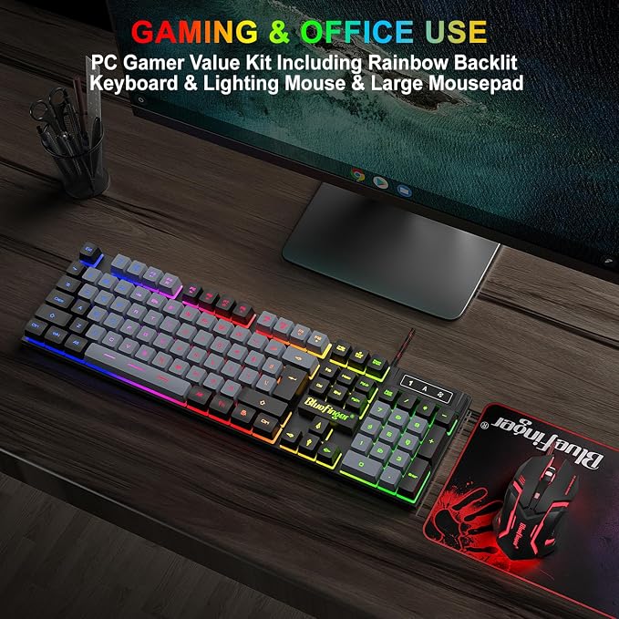 BlueFinger RGB Gaming Keyboard and Backlit Mouse Combo, USB Wired, LED Gaming Set for Laptop PC Computer Game and Work(Black & Gray)