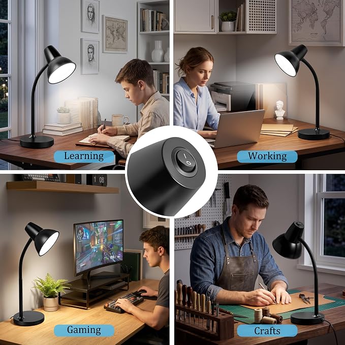 LED Desk Lamp with Flexible Gooseneck, Eye-Caring 4.5W Energy-Saving Study Lamps, Anti-tip Heavy Duty Bedside Reading Light, Desk Lamps for College Dorm Room, Home Office, Modern Lamp with 1.6m Cord