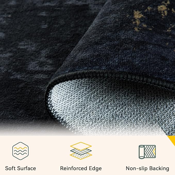 RELEANY Washable Area Rugs 4ft Non-Slip Modern Abstract Soft for Living Room Entryway Bedroom Kitchen, Print Pattern, Dark Black Gold