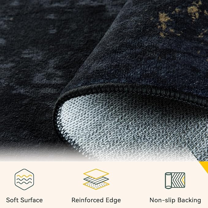 RELEANY Washable Area Rugs 6'x9' Non-Slip Modern Abstract Soft for Living Room Entryway Bedroom Kitchen, Print Pattern, Dark Black Gold
