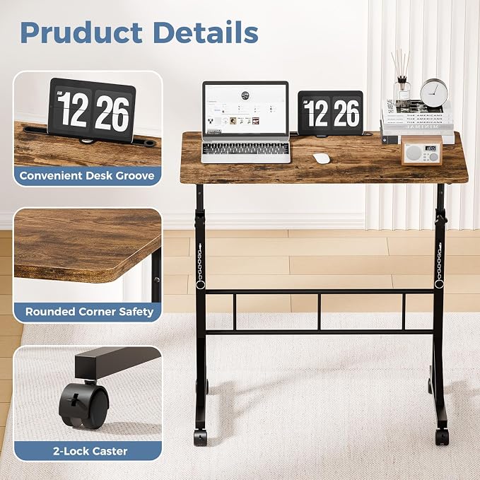 DUMOS 31.5" Walking Pad Desk, Portable Adjustable Height Rolling Laptop Desk with Lockable Wheels, Mobile Stand Up Computer Workstation for Treadmill Home Office Rustic Brown