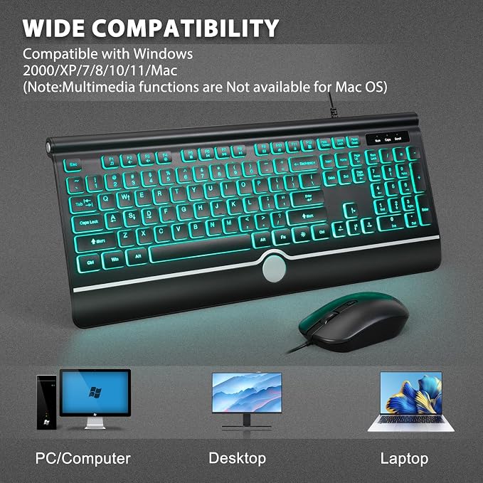 Wired Keyboard and Mouse Combo, Backlit Computer Keyboards with Wrist Rest, Light Up Keyboard Easy to See, 7-Color Backlit Keyboard and Optical Mouse for Windows, PC, Laptop, USB Plug and Play