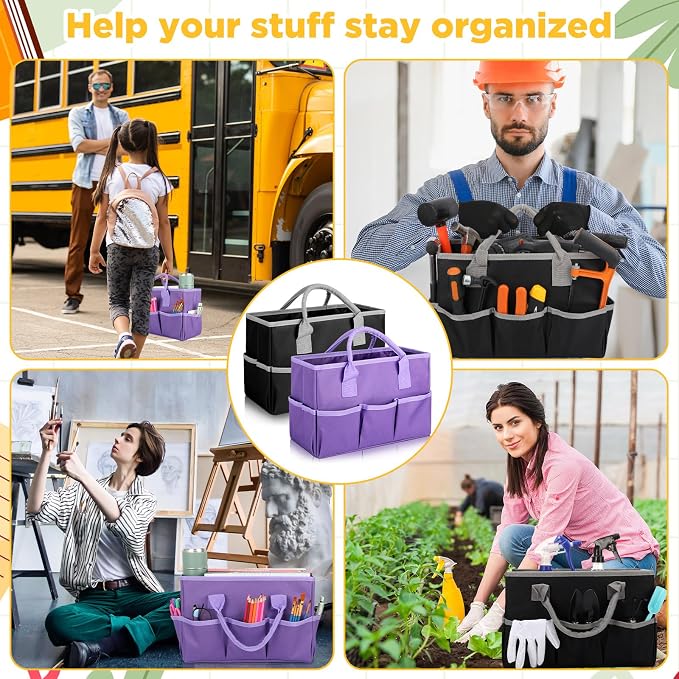 Tellingyou 2 Pcs Art Craft Tote Bag Teacher Craft Organizers and Storage Bag Desktop Tote Supply 600d Oxford Classroom Organizer Caddy Gift for Crafters Christmas Office(Black, Purple)