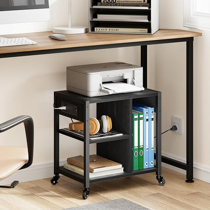 GarveeLife Small Printer Stand with Power Outlets, Rolling Printer Table with Lockable Wheels, Under Desk Printer Cart with Storage, Utility Storage Cart for Home, Office, Black