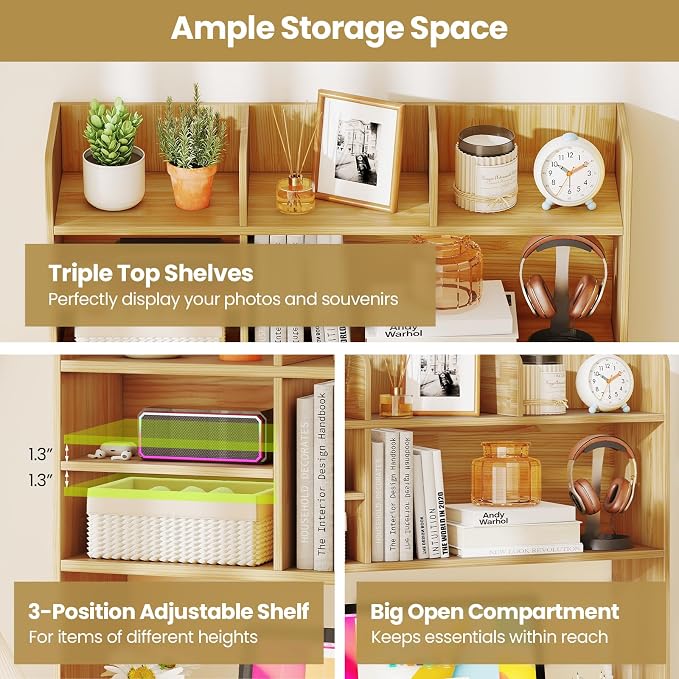 LDAILY 3-Tier Desktop Bookshelf, Wooden Desk Hutch for Computer Monitor Up to 32 Inch, Desk Organizer Shelf with Adjustable Shelf & 6 Storage Shelves, Desk Display Rack for Home Office Dorm(Burlywood)