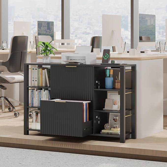 Filing Cabinet for Home Office, Fluted Wood File Cabinet with 2 Drawers Fit Letter/Legal/A4 Folders with Tabs, 43.3" W Printer Stand with Lock & 2 Power Outlets, 6 Storage Shelves (1, Black)