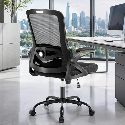 Executive Office Chair with Adjustable Lumbar Support Flip-Up Arms,Black | Executive Mesh Office Chair with Adjustable Lumbar Support, Flip-Up Arms, Thick Foam Seat, Swivel Rolling Chair, 400lbs
