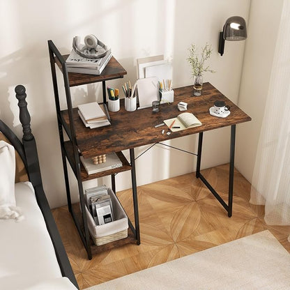 Tangkula Computer Desk with Shelves, Space Saving Home Office Desk with 3-Tier Ladder Shaped Storage Bookshelf, Modern Writing Study Desk with Metal Frame, Compact Computer Workstation (Rustic Brown)