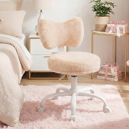 Homkdom Vanity Chair with Wheels, Cute Desk Chair with Bow Backrest, Fluffy Faux Rabbit Fur Small Office Chair for Vanity, Make-up Room, Bedroom, Dorm, Height Adjustable, Orange Pink