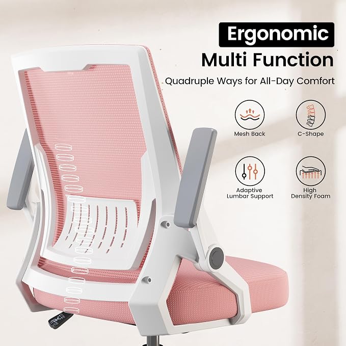 GTPOFFICE Ergonomic Office Chair, Computer Desk Chair Comfy with Adjustable Lumbar Support, Mid-Back Mesh Office Chair with Flip-up Armrest, Tilt Function Task Chair for Home, Bedroom, Gaming, Pink