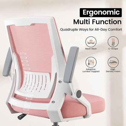 GTPOFFICE Ergonomic Office Chair, Computer Desk Chair Comfy with Adjustable Lumbar Support, Mid-Back Mesh Office Chair with Flip-up Armrest, Tilt Function Task Chair for Home, Bedroom, Gaming, Pink