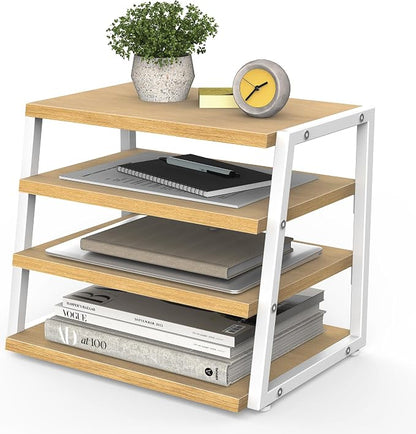 Fenge Desk Shelf Organizer, 4 Tier Desktop Shelf, Wood and Metal Office Shelves, Corner File Organizer for Office Supplies, Top of Desk Organizers and Accessories