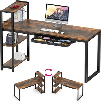 SHW 46-Inch Home Office Mission Computer Desk with Side Shelf and Drawer, Rustic Brown