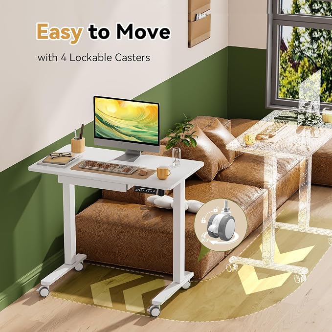 Gibbon Mounts 35inch Standing Desk with Drawer, Height Adjustable on Wheels | 18mm One-piece Desktop with Cable Clip, Electric Power Lift, 4 Lockable Casters, White Rising Workstation for Home & Office