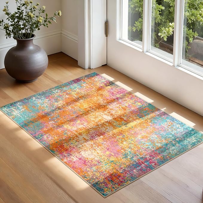 RELEANY Washable Area Rugs 2'x3' Non-Slip Modern Abstract Soft for Living Room Entryway Bedroom Kitchen, Print Pattern, Orange Blue Pink Yellow Colorful