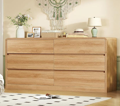 TEENFON 55" Dresser for Bedroom with 6 Drawers, Dressers & Chests of Drawers with Curved Profile Design, 6 Drawer Dresser, Bedroom Dressers, Wood Dressers for Bedroom, Hallway, Natural
