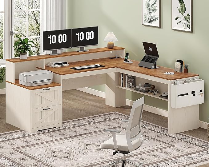YOMILUVE Farmhouse 63" L Shaped Desk with Drawers, Home Office Desks with Storage Shelves and Printer Stand, Corner Computer Desk with Power Outlets and Monitor Stand, Brown and White