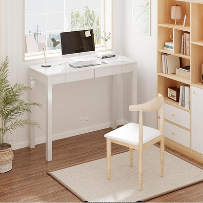 100% Solid Wood Desk with Drawers 39 x 15 Inch Mid Century Modern Desk Vintage Small Writing Wooden Desks for Small Spaces Bedroom, Living Room, Office