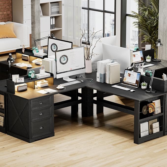Lareth Executive L Shaped Desk with Monitor Stand, 59 inch Farmhouse Corner Computer Desk with Power Outlets & LED Lights, Home Office Desk with File Cabinet for Working Gaming Writing, Black